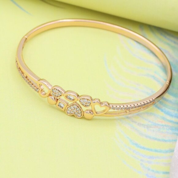 Rose Gold Heart Charm Bangle with Cubic Zirconia Accents, XPBL0602 - Picture 2 of 12